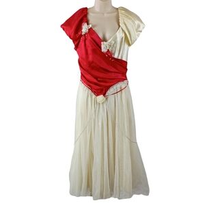 Vintage Red and Cream V-Neck Costume Gown with Floral Accents